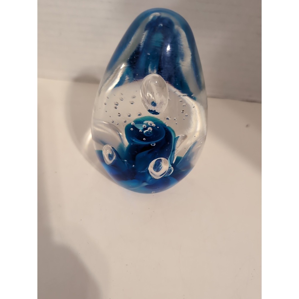 Hand Blown Blue Art Glass Egg Shaped Controlled Bubbles Paperweight GE Logo